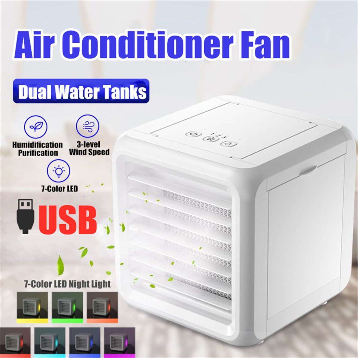 Mini Portable Air Conditioner Conditioning Humidifier Purifier USB 7 Colors Light Desktop Air Cooler Fan With 2 Water Tanks Home