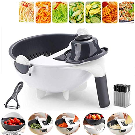 9 in 1 Magic Multifunctional Rotate Vegetable Cutter with 8 Dicing Blade Kitchen Potato Shredder Salad Grater with Drain Basket