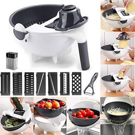 9 in 1 Magic Multifunctional Rotate Vegetable Cutter with 8 Dicing Blade Kitchen Potato Shredder Salad Grater with Drain Basket