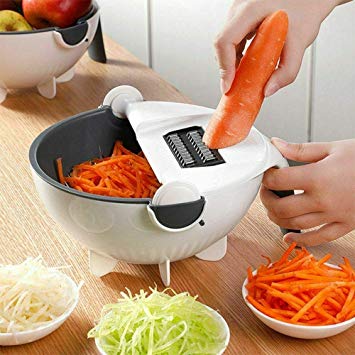 9 in 1 Magic Multifunctional Rotate Vegetable Cutter with 8 Dicing Blade Kitchen Potato Shredder Salad Grater with Drain Basket